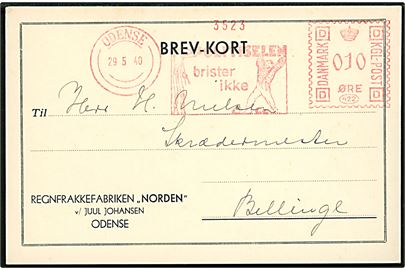 10 øre firmafranko Politiselen brister ikke på brevkort fra Regnfrakkefabrikken Norden i Odense d. 29.5.1940 til Bellinge.