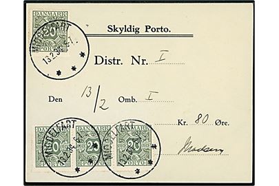 20 øre Portomærke (4) på debetseddel Skyldig Porto annulleret med brotype IIIc Middelfart d. 13.2.1934. 