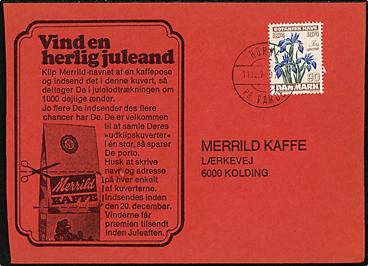 90 øre Botanisk Have på svarkuvert annulleret med pr.-stempel Horne pr. Varde d. 11.12.1974 til Kolding.