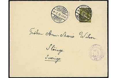 3½ mk. Løve på brev annulleret med 2-sproget stempel Ruotsinkylä / Svenskby d. 1.3.1944 til Slöinge, Sverige. Finsk censur. 