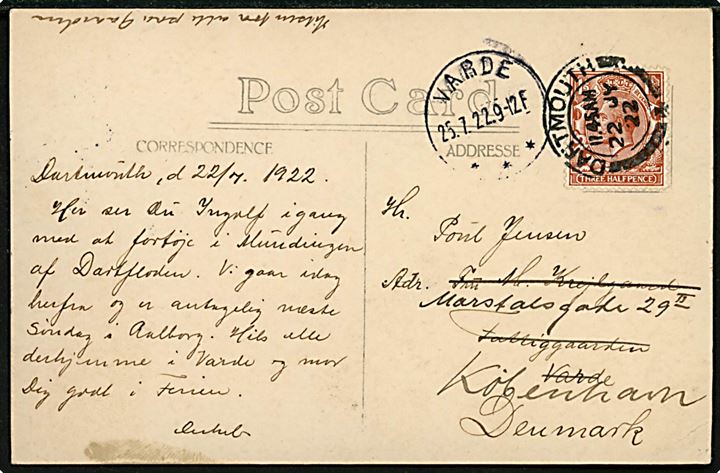 1½d George V på brevkort (Orlogsskonnerten Ingolf i Dartmouth) annulleret Dartmouth d. 22.7.1922 til Varde, Danmark - eftersendt til København. Ingolf var i perioden juni og juli 1922 udrustet som konstabelelevskib og på togt til Le Havre, Malaga og Dartmouth. 