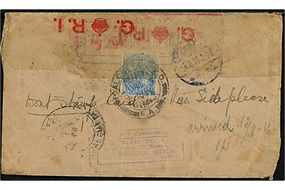 2 As. 6 p. George V på bagsiden af brev fra Calcutta d. x.7.1916 til Fredericia, Danmark. Åbnet af indisk censur i Calcutta.