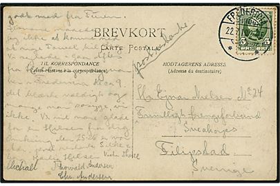 5 øre Fr. VIII på fotokort (FDF overnatter i hølade under udflugt i Jylland) sendt fra Fredericia d. 22.7.1910 til Nr. 24 Ejnar Nielsen, Frivilligt Drengeforbund Sveakorps, poste restante i Filipstad, Sverige. Sendt til deltager på FDF's første udlandstur i 1910.