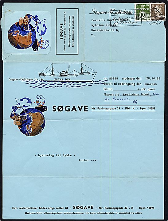 10 øre Bølgelinie og 20 øre Fr. IX på Søgave-Radiobrev fra J. Lauritzen polarskibet M/S Erika Dan ved Grønland stemplet København d. 28.10.1962 til København. Erika Dan besejlede både Grønland og canadisk arktis.