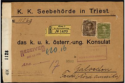 20 h. og 30 h. Franz Josef på officiel kuvert K.K. Seebebörde sendt anbefalet fra Graz d. 2.9.1916 til det østrig-ungarske konsulat i Galveston, USA. Åbnet af britisk censur no. 4161 og 1128, samt tilbageholdt til efter krigen med rammestempel: Released by the British Military Authorities, rød stjerne og ank.stemplet i New York d. 10.8.1919.