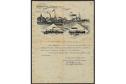 Aktieselskabet Kolding Fjords Dampskibsselskab, fortrykt brevpapir med fjorddamperne Frigga, Freja, Dan og Kolding, med anbefaling dateret d. 13.1.1917 for styrmand beskæftiget i perioden 1914-1916. Uden kuvert.