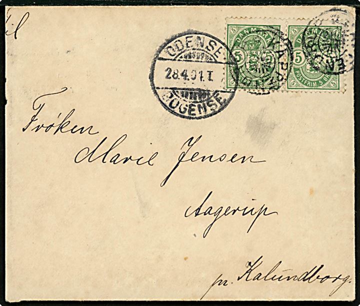 5 øre Våben i parstykke på brev annulleret med stjernestempel KAPPENDRUP og sidestemplet bureau Odense - Bogense T.? d. 28.4.1904 til Aagerup pr. Kalundborg. Let afkortet i venstre side.