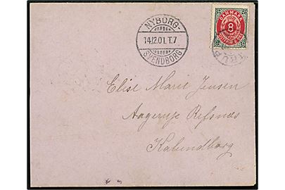 8 øre Tofarvet omv. rm. på brev annulleret med svagt stjernestempel VEJSTRUP og sidestemplet bureau Nyborg - Svendborg T.7 d. 14.12.1901 til Aagerup pr. Kalundborg.