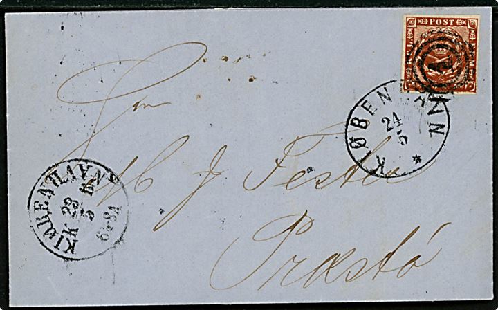 4 sk. 1858 udg. med pænt rand på brev annulleret med nr.stempel 1 og sidestemplet antiqua Kiøbenhavn KB d. 23.5.1862 og ovalt overnatningsstempel Kiøbenhavn d. 24.5.1862 til Præstø.