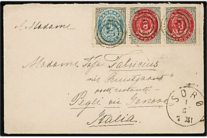 4 øre og 8 øre (par) Tofarvet på brev annulleret med nr.stempel 67 og sidestemplet lapidar Sorø d. 1.5.1882 til Pegli via Genova, Italien.