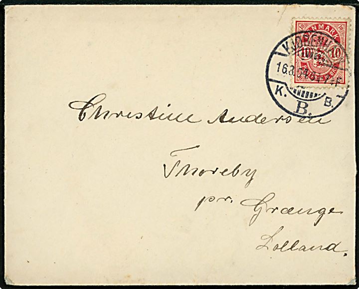 10 øre Våben på brev fra Kjøbenhavn d. 16.8.1904 til Thoreby pr. Grænge, Lolland. På bagsiden ank.stemplet med tydeligt stjernestempel GRÆNGE.