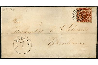 4 sk. stukken kant 2. tryk pl. VII pos. 41 på brev annulleret med nr.stempel 95 og sidestemplet antiqua Aakirkeby d. 27.1.1864 til Kjøbenhavn. Ank.stemplet i Kjøbenhavn d. 29.1.1864.