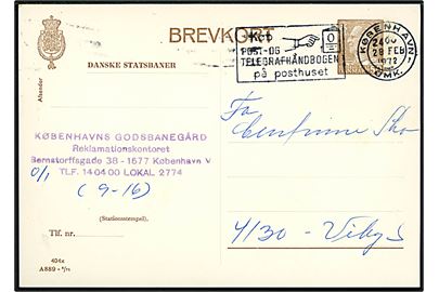 Danske Statsbaner. 50 øre Fr. IX helsagsbrevkort (fabr. 404x) brugt fra København d. 28.2.1972 til Viby S.