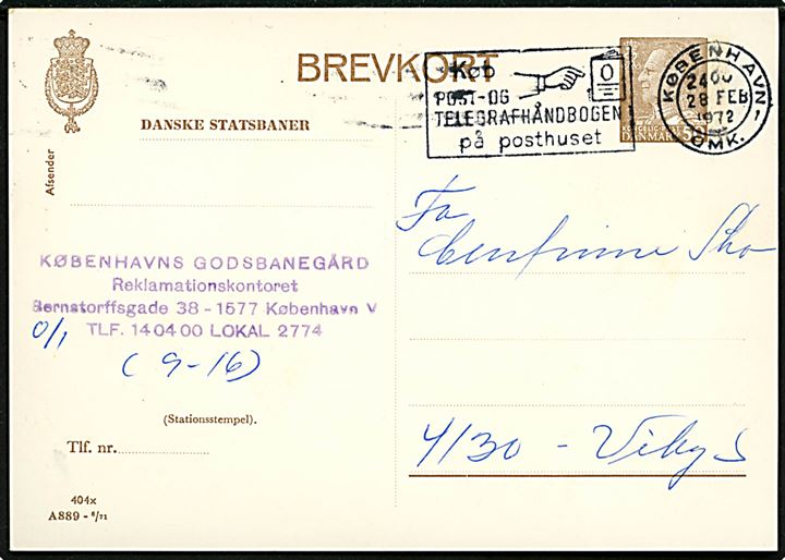 Danske Statsbaner. 50 øre Fr. IX helsagsbrevkort (fabr. 404x) brugt fra København d. 28.2.1972 til Viby S.