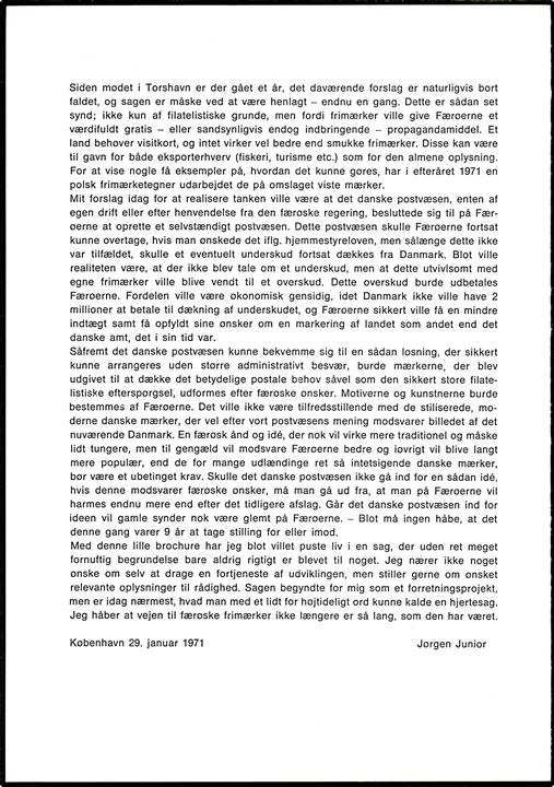 Privat udkast til Færø Frimærker. Udsendt af Skandia Internationale Frimærkeauktioner med kommentar af Jørgen Junior d. 29.1.1971.