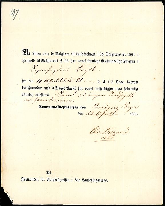 1861. Tjenestebrev fra Communalbestyrelsen for Borbjerg Sorgn d. 22.4.1861 stemplet Holstebro d. 1.5.1861 til Formanden for Valgbestyrelsen i 8de Landsthingskreds i Thisted. Påskrevet 6 sk. porto.