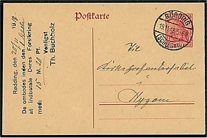 10 pfg. helsagsbrevkort stemplet Rödding (Schleswig) d. 19.11.1918 til Hygum.