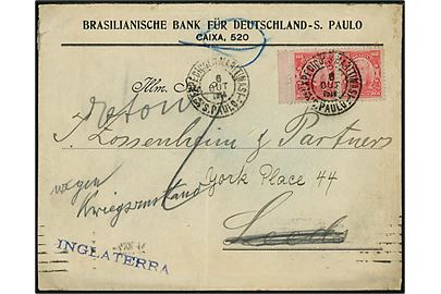 100 reis (par) på fortrykt kuvert fra Brasilianische Bank für Deutschland i S. Paulo d. 6.10.1914 til Leeds, England. Returneret efter ca. 2 måneder i Brasilien og påskrevet på tysk Wegen Kriegszustand.