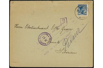 20 øre Chr. X på brev fra Kastrup d. 28.2.1918 til oberstleutnant Otto Grosse i Omsk, Sibirien. Passér stemplet ved den russiske censur i Moskva og returneret med 3-liniestempel. 