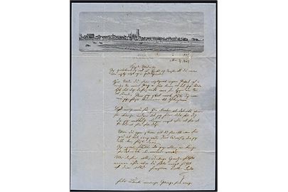 4 sk. Krone/Scepter single på illustreret brevpapir sendt som brev med nr.stempel 55 og sidestemplet antiqua Ribe d. 4.8.1865 til Kjøbenhavn. Særligt brevhoved med turistmotiv - kaldet BREVPROSPEKT - RIBE seet fra den nordlige Side tegnet af maler og senere fotograf Harald A. Bruun. Interessant forløber for prospektkort som først blev udbredt omkring 20 år senere. Harald Albert Bruun (1837-1912) var en meget farverig person, som i 1896 blev idømt 30 dages fængsel for majestætsfornærmelse efter en tale ved dyreskuet i Ribe, efter en længere proces blev straffen eftergivet mod at stiftamtmanden gav Bruun en advarsel og alvorlig irettesættelse.