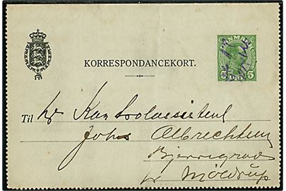 5 øre helsags korrespondancekort med indhold dateret i Møldrup d. 20.10.1915 og annulleret med blækstift Móldr. 20.10. til Bjerregrav pr. Møldrup. Svage folder.