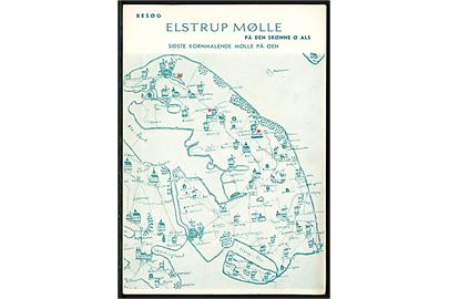Elstrup Mølle, Reklamekort med kort over Als, samt billede af møllen indvendig! U/no. 