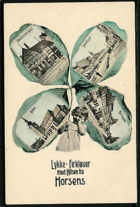 Horsens. Firekløver med notiver fra Claus Cortsens Gaard, Søndergade, Kirken og Nørregade. Stenders no. 4637.