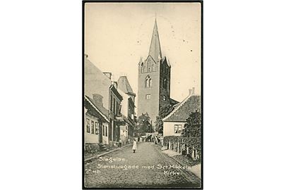 Slagelse, Stenstuegade med Sct. Mikkels kirke. H.H.O. no. 4521. Anvendt som ufrankeret krigsfangekort fra Helsinge d. 27.8.1916 til interneret belgisk soldat i Zeist, Holland.