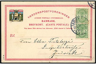 5 øre Våben i parstykke på Julemærke 1905 helsagskort fra KJøbenhavn d. 29.12.1905 til Zürich, Schweiz. God anvendelse til udlandet.