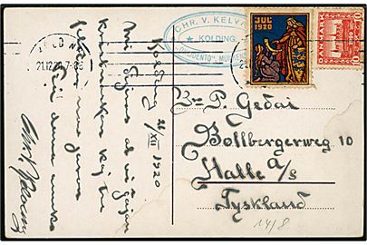 10 øre Genforening og Julemærke 1920 på brevkort fra Kolding d. 21.12.1920 til Halle, Tyskland.