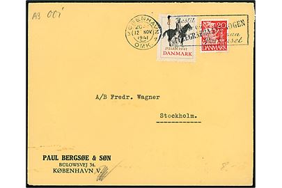 20 øre Karavel og Julemærke 1941 på brev fra København d. 12.11.1941 til Stockholm, Sverige. Åbnet af dansk censur.