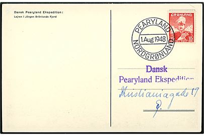 15 øre Chr. X på brevkort (Lejren i Jörgen Brönlunds Fjord) annulleret med ekspeditionsstempel Pearyland Nordgrønland d. 1.8.1948 til København.