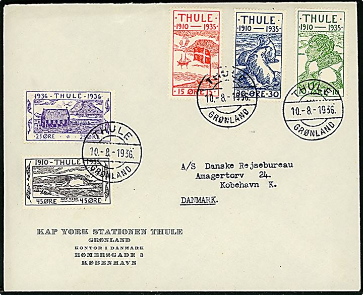 Komplet sæt Thule udg. på fortrykt kuvert fra Kap York Stationen Thule annulleret med københavner-stempel Thule / Grønland d. 10.8.1936 til København. FDC for 25 øre udg. Bagklap mgl.