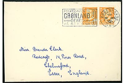 30 øre Fr. IX i parstykke på brev annulleret med TMS Folkegaven til Grønland venter deres bidrag på giro nr. 9. / København OMK. 15 d. 22.10.1952 til Chelmsford, England.