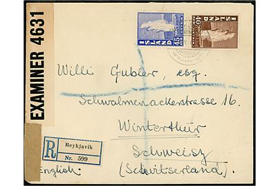 40 aur og 45 aur Geysir på anbefalet brev fra Reykjavik d. 22.5.1942 til Winterthur, Schweiz. Åbnet af britisk censur PC90/4631 og ank.stemplet i Winterthur d. 11.6.1942.