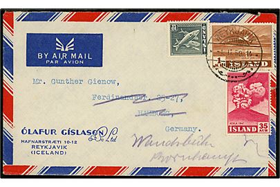 10 aur sild, 35 aur og 1 kr. Hekla på 1,45 kr. frankeret luftpostbrev fra Reykjavik d. 1.2.1950 til Hamburg, Tyskland.