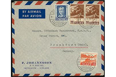 50 aur Hekla (par), 75 aur Erhverv og 1,25 kr. Hafstein på 3 kr. frankeret luftpostbrev fra Reykjavik d. 26.11.1951 til Frankfurt, Tyskland.