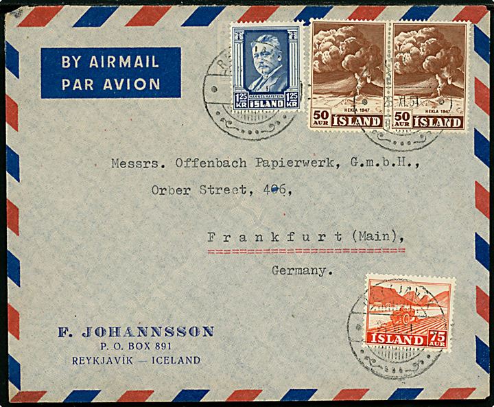 50 aur Hekla (par), 75 aur Erhverv og 1,25 kr. Hafstein på 3 kr. frankeret luftpostbrev fra Reykjavik d. 26.11.1951 til Frankfurt, Tyskland.