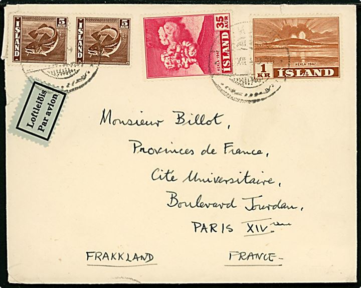 5 aur Torsk (2), 35 aur og 1 kr. Hekla på 1,45 kr. frankeret luftpostbrev fra Reykjavik d. 5.12.1949 til Paris, Frankrig. Revet på bagsiden.