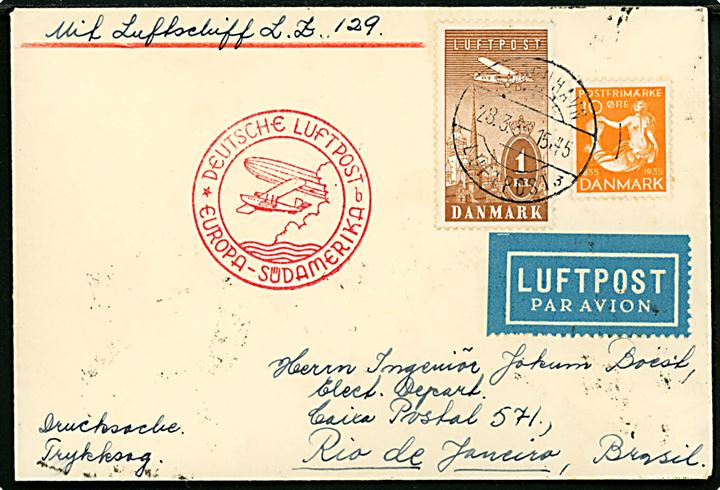 10 øre H. C. Andersen og 1 kr. Luftpost på filatelistisk luftpost tryksag påskrevet Mit Luftschiff LZ 129 annulleret København Luftpost sn3 d. 28.3.1936 via Berlin d. 29.3.1936 til Rio de Janeiro, Brasilien. Tysk luftpost stempel Deutsche Luftpost * b Europa - Südamerika og på bagsiden ank.stemplet i Rio de Janeiro d. 4.4.1936. Befordret med Zeppelin luftskibet LZ129 Hindenburg på første flyvning til Sydamerika. 