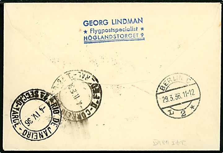 10 øre H. C. Andersen og 1 kr. Luftpost på filatelistisk luftpost tryksag påskrevet Mit Luftschiff LZ 129 annulleret København Luftpost sn3 d. 28.3.1936 via Berlin d. 29.3.1936 til Rio de Janeiro, Brasilien. Tysk luftpost stempel Deutsche Luftpost * b Europa - Südamerika og på bagsiden ank.stemplet i Rio de Janeiro d. 4.4.1936. Befordret med Zeppelin luftskibet LZ129 Hindenburg på første flyvning til Sydamerika. 