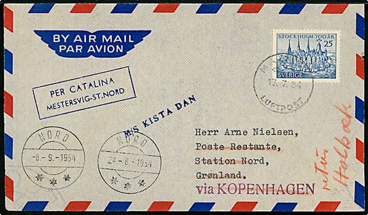 25 öre Stockholm 700 år på filatelistisk luftpostbrev fra Malmö d. 17.7.1954 til poste restante ved Station Nord på Grønland. Rammestempel Per Catalina Mestersvig - St. Nord og skibsstempel M/S Kista Dan, samt ank.stempler Nord d. 24.8.1954 og 8.9.1954. 