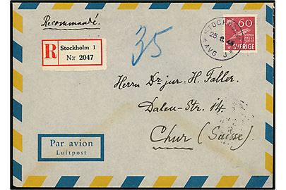 60 öre Svensk Press 300 år single på anbefalet luftpostbrev fra Stockholm d. 25.8.1945 til Chur, Schweiz. På bagsiden svensk etiket Valutakontroll / Postverket. 