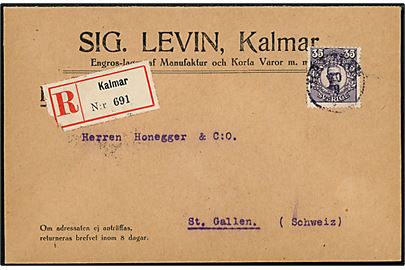 35 öre Gustaf single på anbefalet brev fra Kalmar d. 20.9.1918 til St. Gallen, Schweiz.