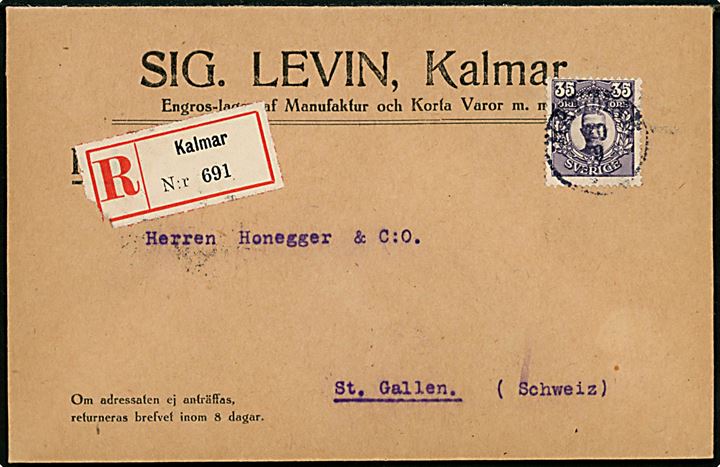 35 öre Gustaf single på anbefalet brev fra Kalmar d. 20.9.1918 til St. Gallen, Schweiz.