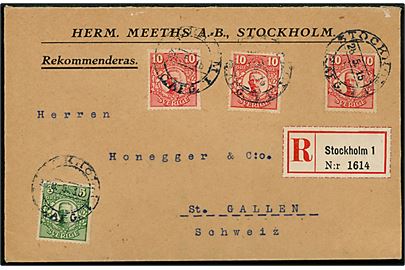 5 öre og 10 öre (3) Gustaf på 35 öre frankeret anbefalet brev fra Stockholm d. 28.5.1915 til St. Gallen, Schweiz.
