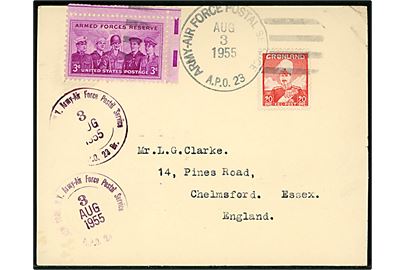20 øre Chr. X og amerikansk 3 cents Armed Forces Reserve på blandingsfrankeret filatelistisk brevkort fra den amerikanske base i Thule annulleret ARMY-AIR FORCE POSTAL SERVICE A.P.O. 23 d. 3.8.1955 til Chelmsford, England.