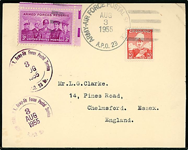 20 øre Chr. X og amerikansk 3 cents Armed Forces Reserve på blandingsfrankeret filatelistisk brevkort fra den amerikanske base i Thule annulleret ARMY-AIR FORCE POSTAL SERVICE A.P.O. 23 d. 3.8.1955 til Chelmsford, England.