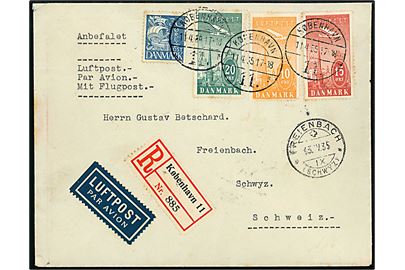 10 øre, 15 øre, 20 øre Luftpost og 30 øre Karavel på anbefalet luftpostbrev fra København d. 11.4.1935 via Berlin til Schwyz, Schweiz.