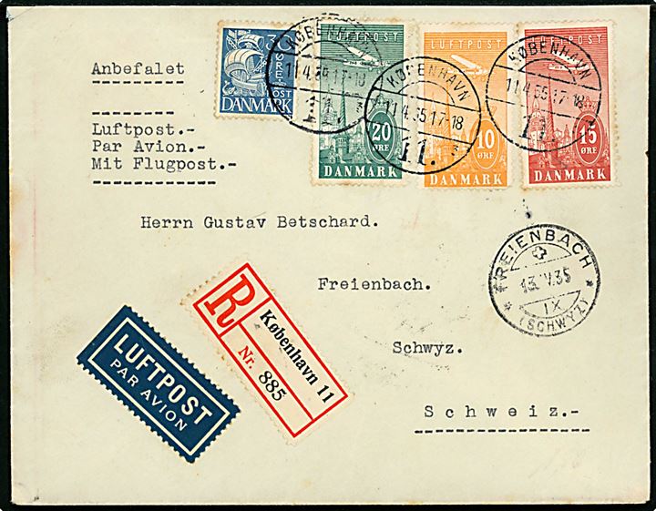 10 øre, 15 øre, 20 øre Luftpost og 30 øre Karavel på anbefalet luftpostbrev fra København d. 11.4.1935 via Berlin til Schwyz, Schweiz.